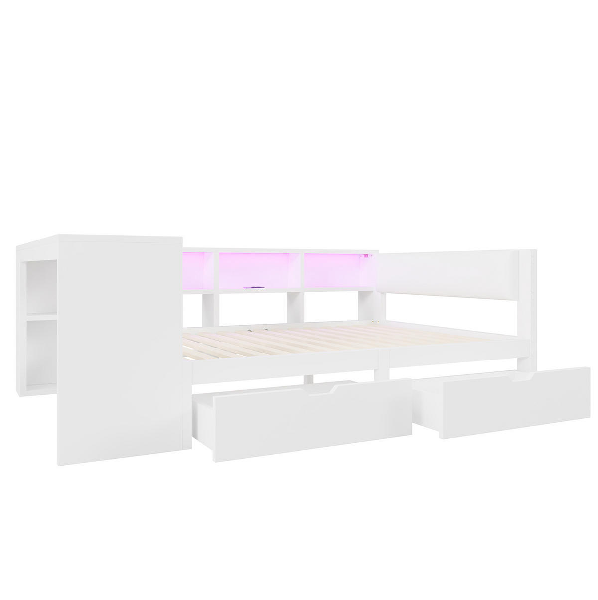BETT 140/200 cm Weiß mit Schubladen, Ablagen und LED-Beleuchtung - Weiß, Holzwerkstoff (140/200cm) - Flora Grace