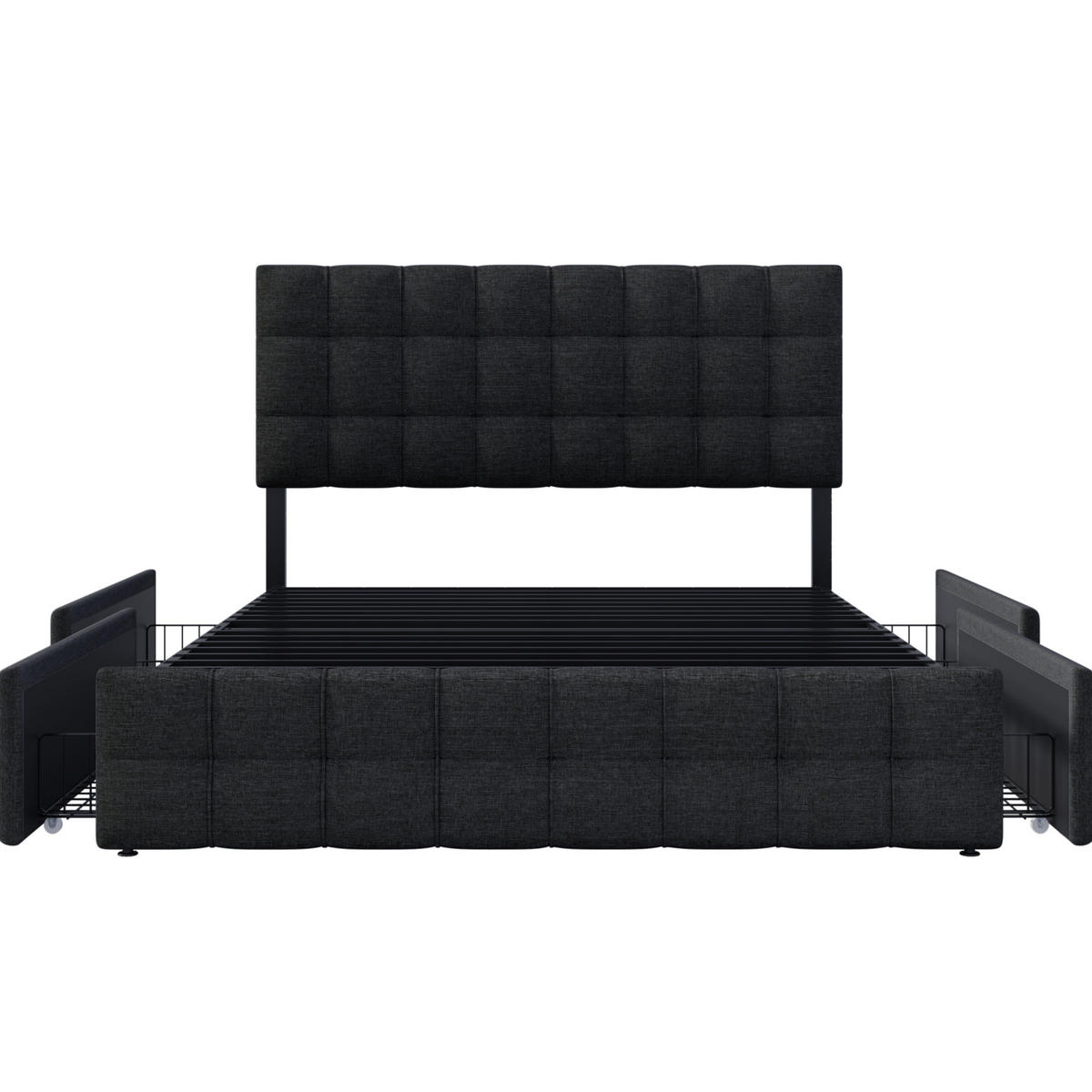 POLSTERBETT aus Leinen 140x200 cm Schwarz mit 4 Schubladen und höhenverstellbarem Kopfteil - Schwarz, Textil (140/200cm) - IVMEU
