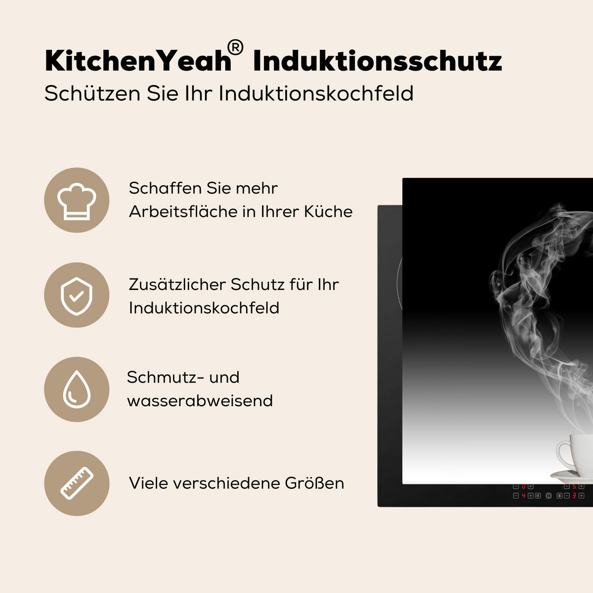 HERDABDECKPLATTE Kaffee - Herz - Schwarz und weiß - Tassen 81x52 cm - Weiß, Kunststoff (81.6/52.7/0.2cm) - MuchoWow