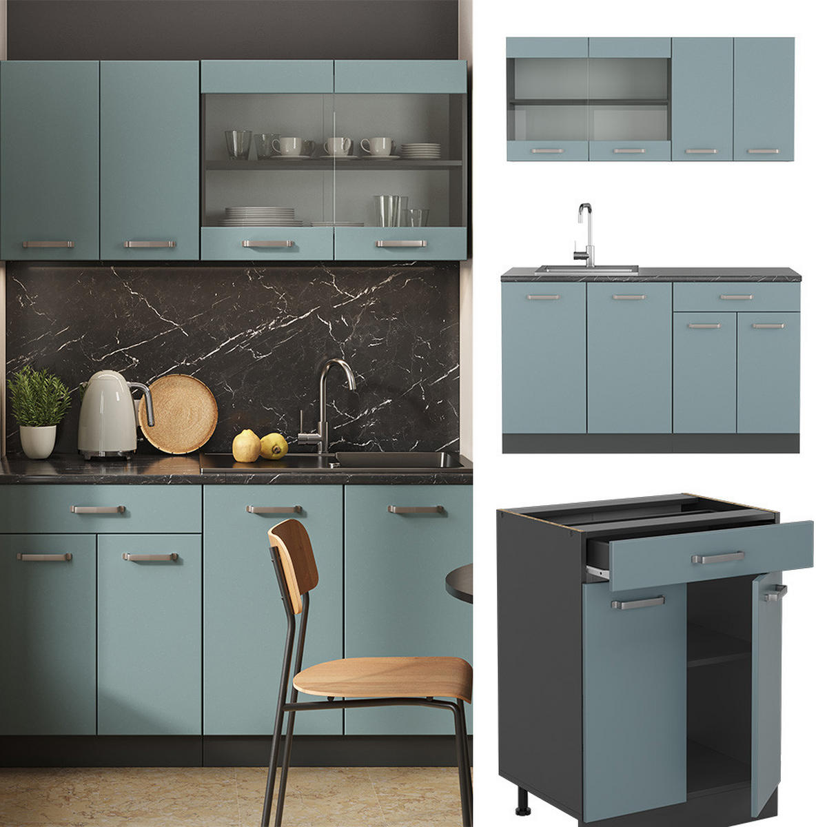 SINGLEKÜCHE R-Line Blau-Grau/Anthrazit 140 cm, AP Anthrazit - Anthrazit/Blaugrau, Holzwerkstoff (140/81.6/60cm) - Vicco