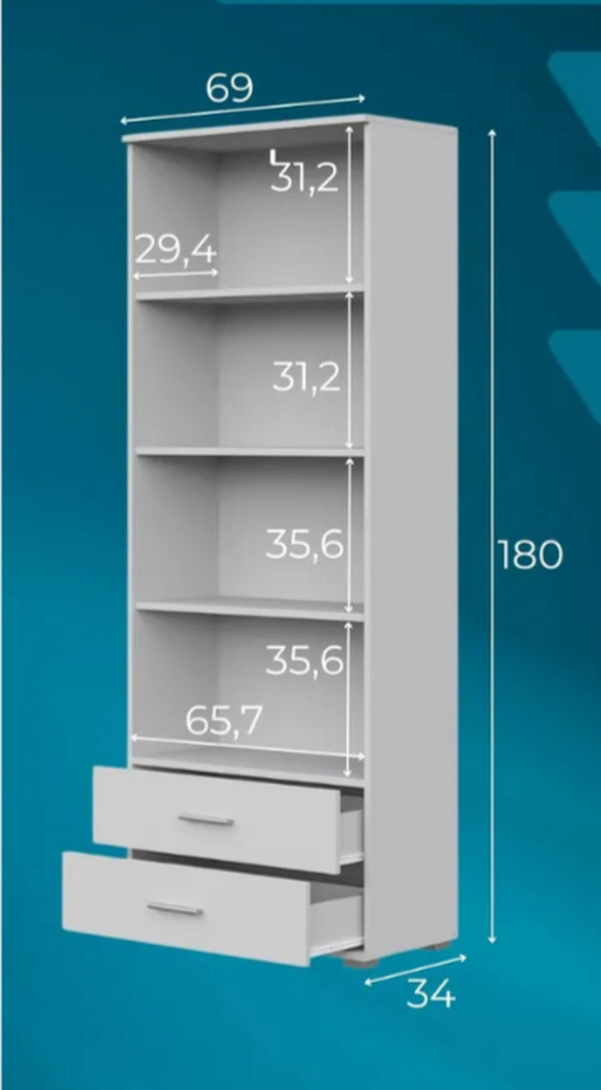 BÜCHERREGAL Weiß 40/180/34 - Weiß, Holzwerkstoff (40/180/34cm) - RAUMHIRSCH FURNITURE