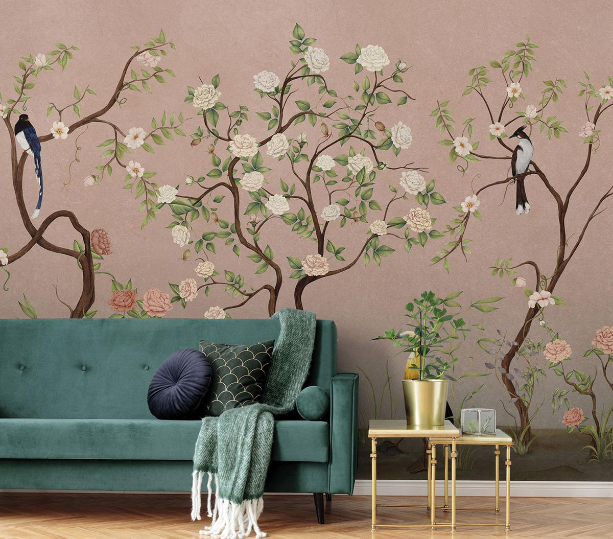 FOTOTAPETE Blumen und Vögel 424 x 280 cm - Pink, Papier (424/280cm) - Sanders & Sanders
