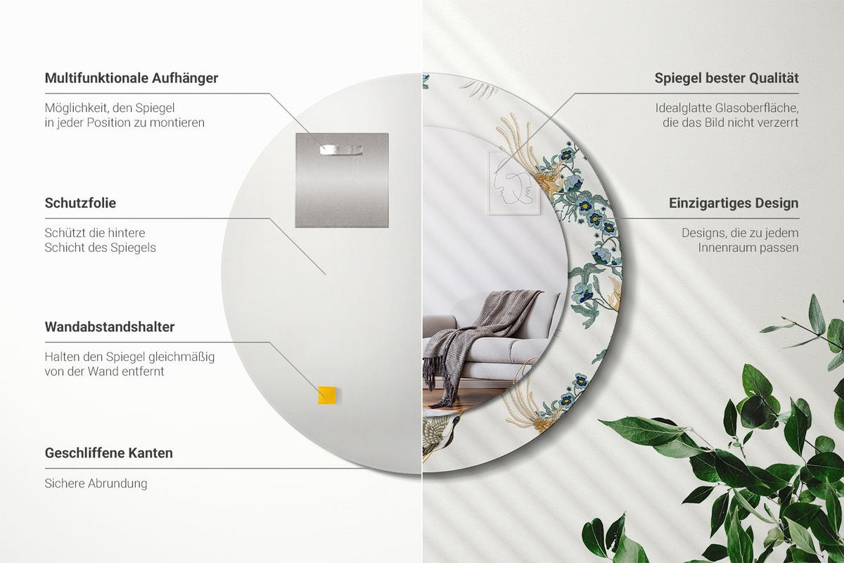 SPIEGEL Rund Ø 50 cm mit Aufdruck - Multicolor, Glas (50/50/0.4cm) - Wallfluent