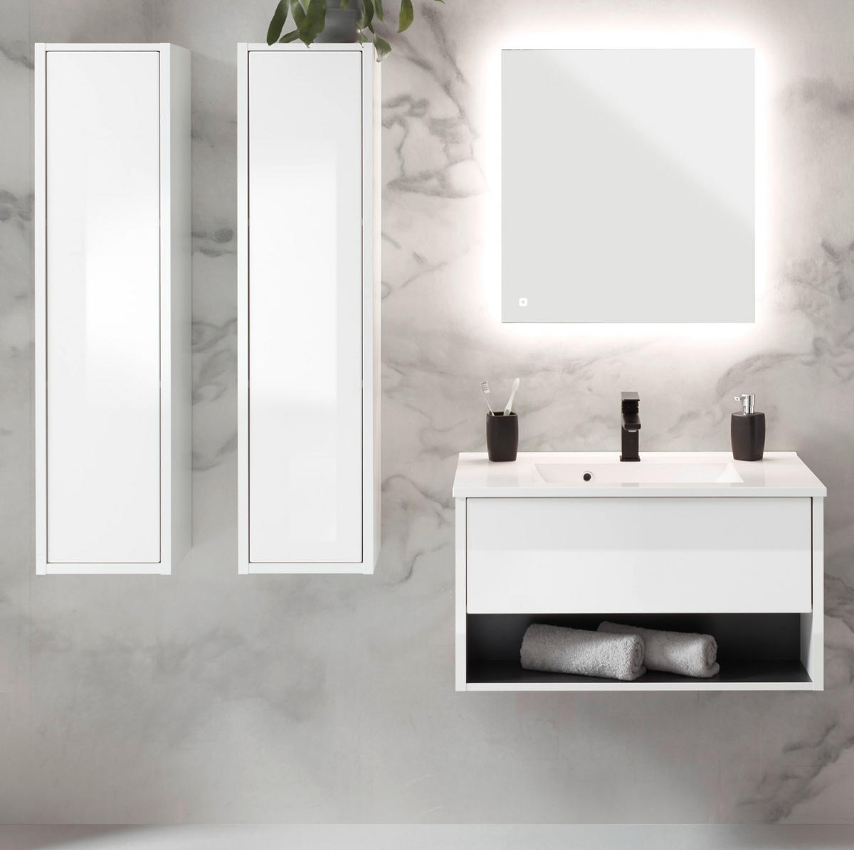 BADMÖBEL Set in weiß Hochglanz und grau mit Waschbecken und LED Beleuchtung 160 x 190 cm Glide - Weiß Hochglanz/Grau, Glas/Holzwerkstoff (160/190/47cm) - Furn.Design