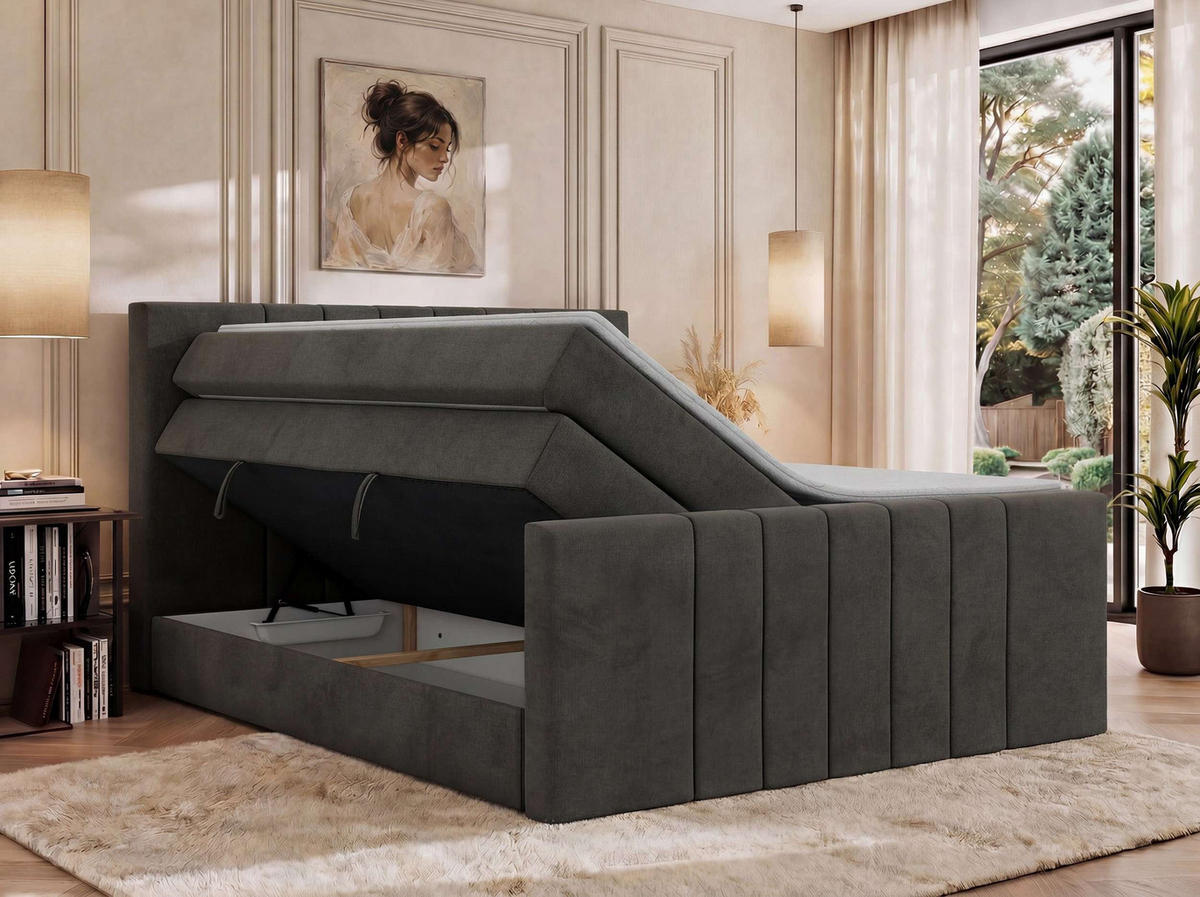 BOXSPRINGBETT INERO DUO KING 180/200 - Dunkelgrau Velvet - Topper T25 - H4 - Dunkelgrau/Schwarz, Kunststoff/Textil (180/200cm) - MKS