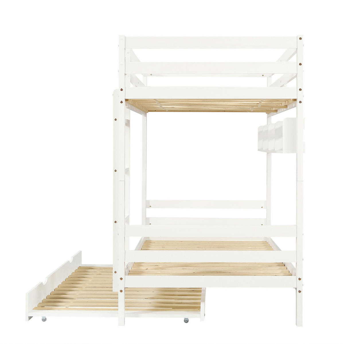 ETAGENBETT aus Kiefer & MDF 90x200 cm in Weiß mit Ausziehbett & Regalen - Weiß, Holzwerkstoff (90/200cm) - Modfu