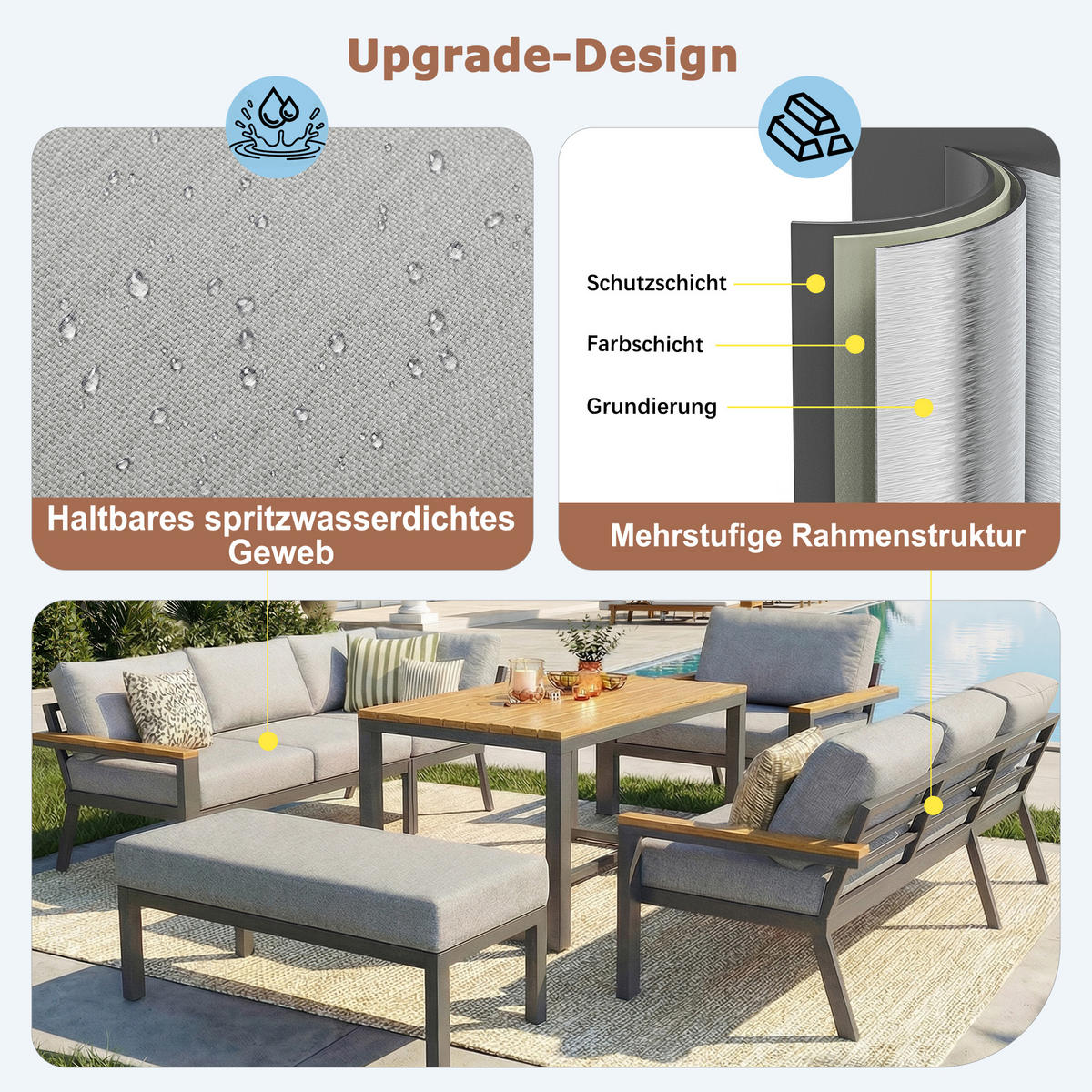 GARTENSET L-Form 8 Personen Grau Mit Holztisch & Sessel - Grau, Metall - FLIEKS