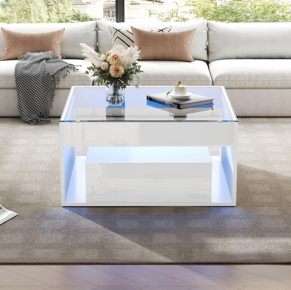 COUCHTISCH 70/70/35 cm mit LED-Beleuchtung, 2 Schubladen und Glasplatte, Weiß - Weiß, Holzwerkstoff (70/70/35cm) - Redom