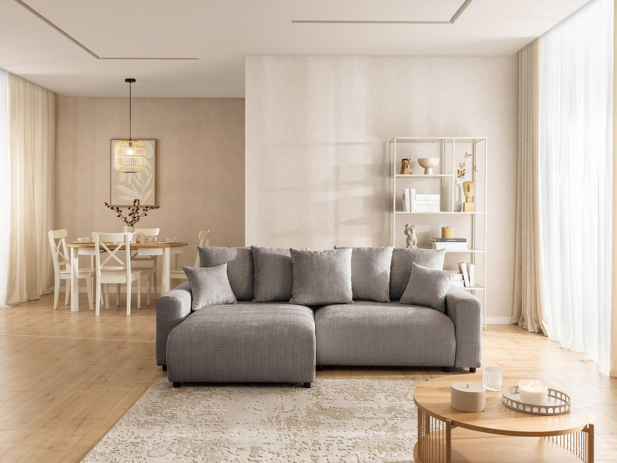 ECKSOFA Calma mit Schlaffunktion und Bettkasten im Bumpy-Design aus weichem Taupe Chenille-Stoff - Ottomane links - Taupe/Beige, Holz/Kunststoff (140/239cm) - S-Style Möbel