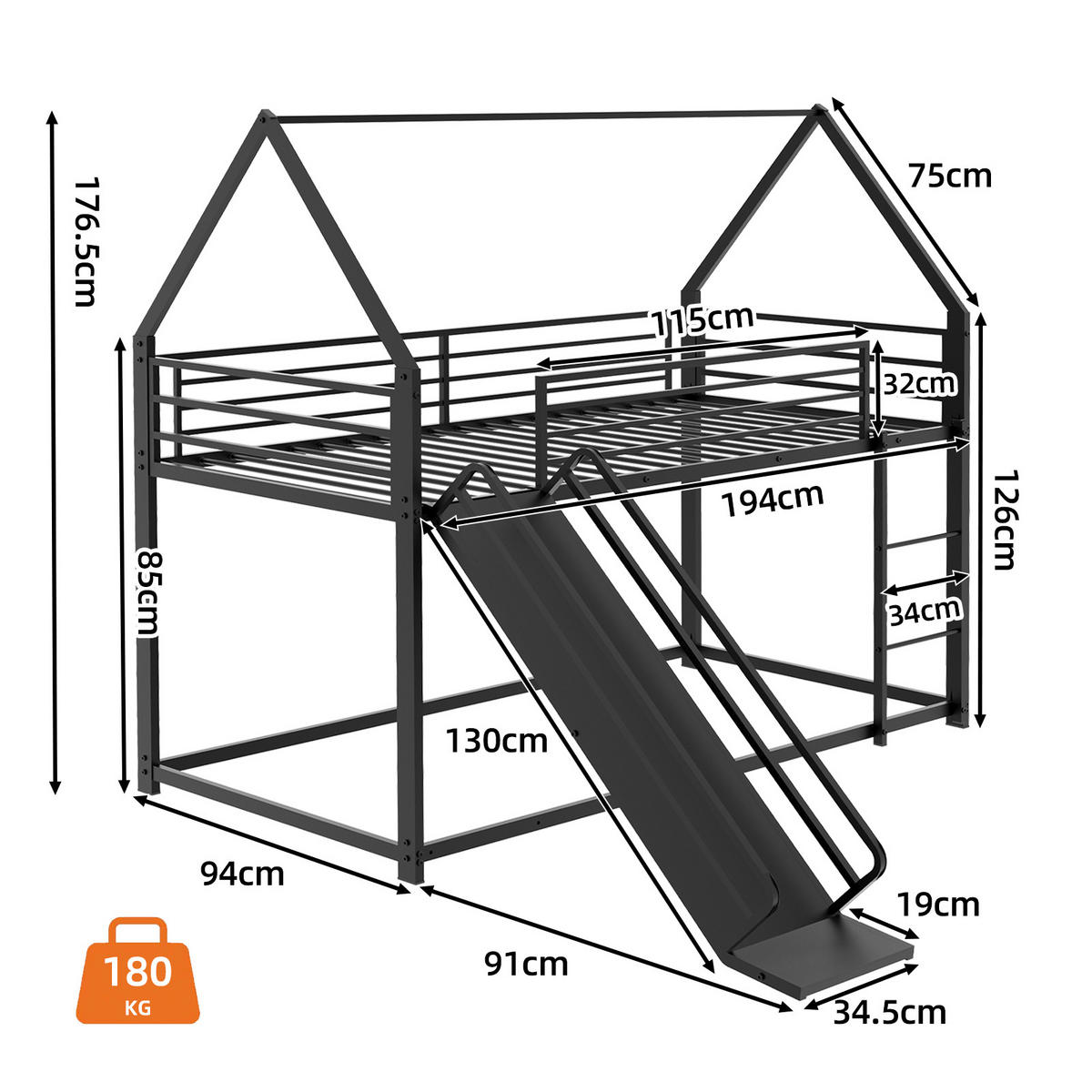 ETAGENBETT 90/190 mit Rutsche, Treppe und Hausdesign - Schwarz, Holzwerkstoff (90/190cm) - EVRYAE