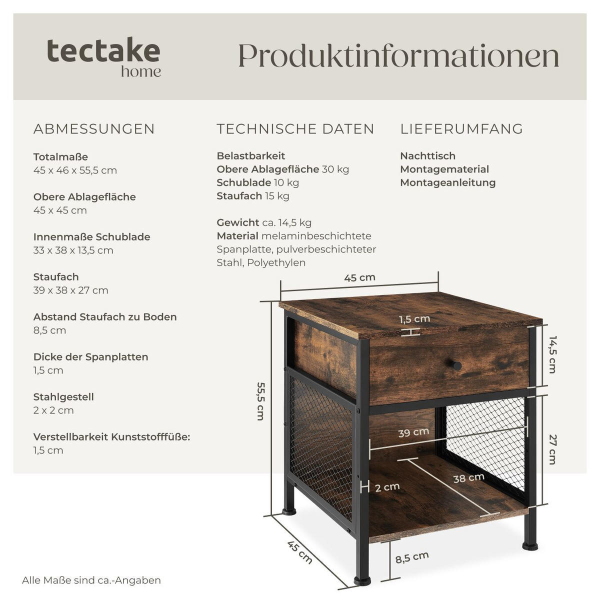 NACHTSCHRANK Killarney, 45 x 46 x 55,5 cm, Industrial Holz dunkel, rustikal - Rostfarben, Holzwerkstoff (45/55.5/46cm) - tectake