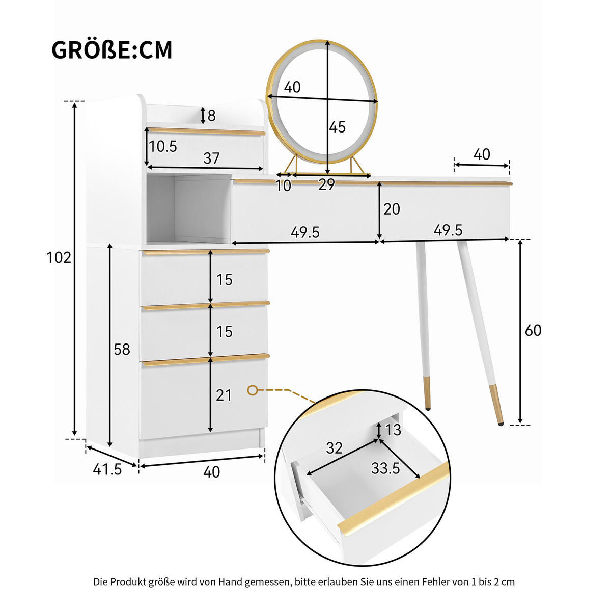 SCHMINKTISCH aus Spanplatte 100x41,5x102 cm Weiß mit LED-Spiegel, ausziehbarer Tischplatte und 6 Schubladen - Weiß, Holzwerkstoff (100/102/41.5cm) - Modfu