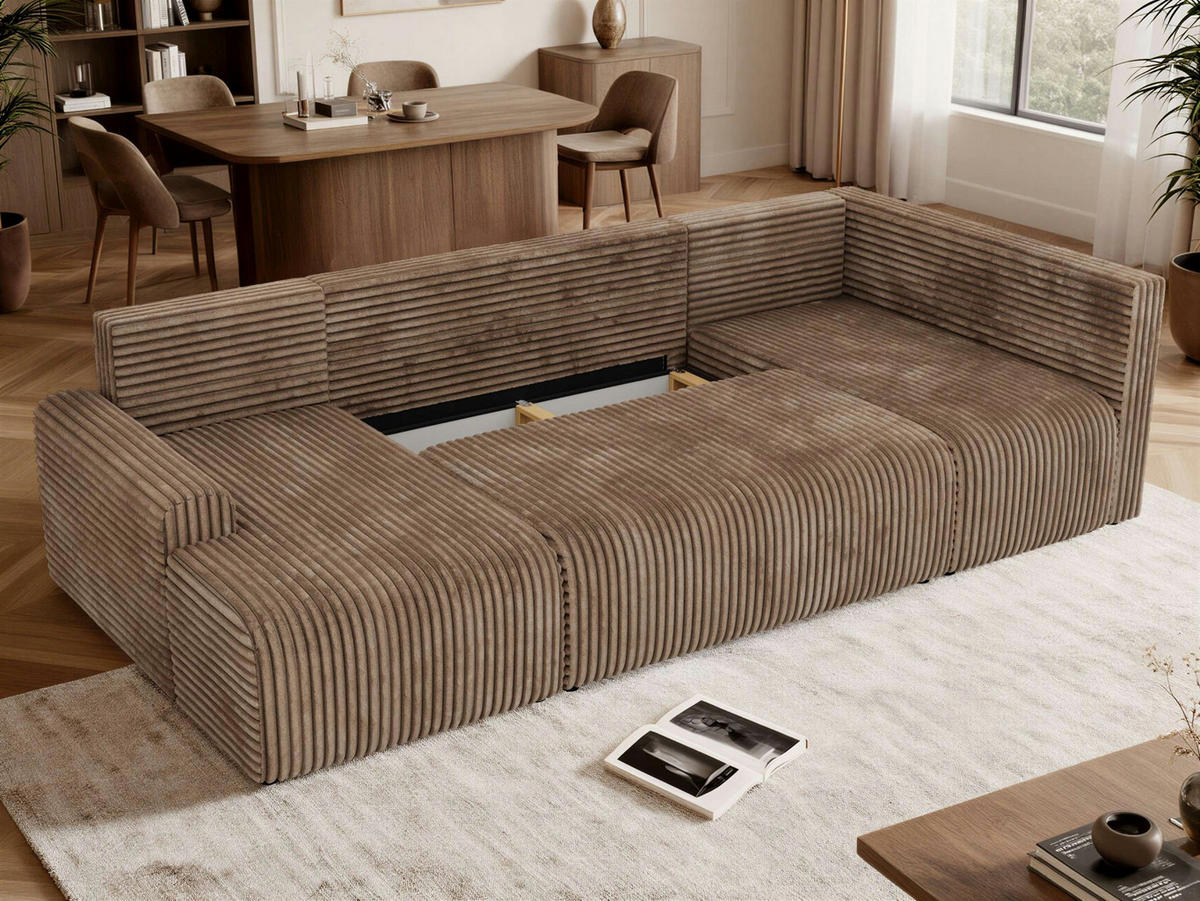 WOHNLANDSCHAFT NESSARO COR U Braun Cord - Rechts Seite - Schwarz/Braun, Kunststoff/Textil (151/92/307cm) - MKS
