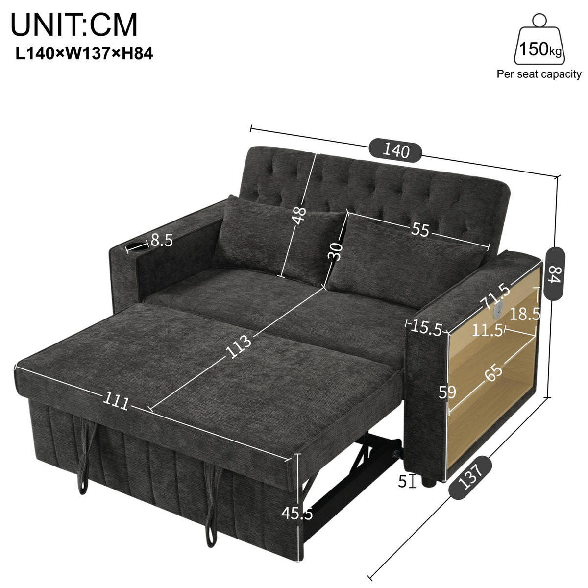 SCHLAFSOFA 2-Sitzer mit USB-Anschluss und Getränkehalter Chenille Grau 140/137/84 cm - Grau, Textil (140/84/137cm) - OKWISH