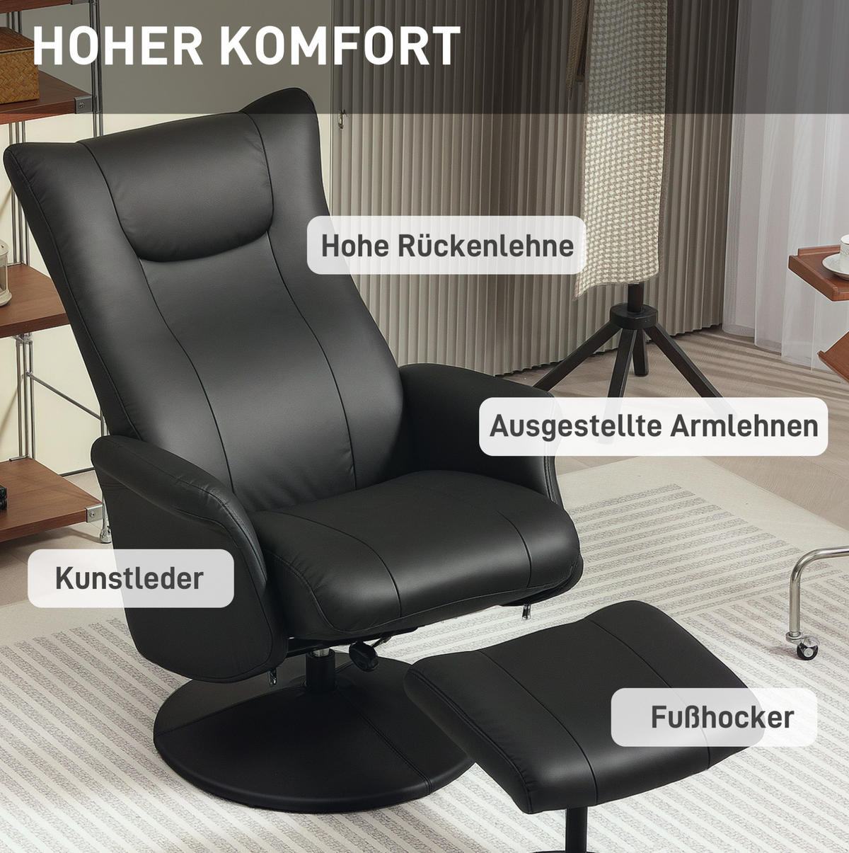 RELAXSESSEL Kunstleder mit Hocker, 360° Drehfunktion 70/79/105 cm Schwarz - Schwarz, Kunststoff (70/105/79cm) - Redom