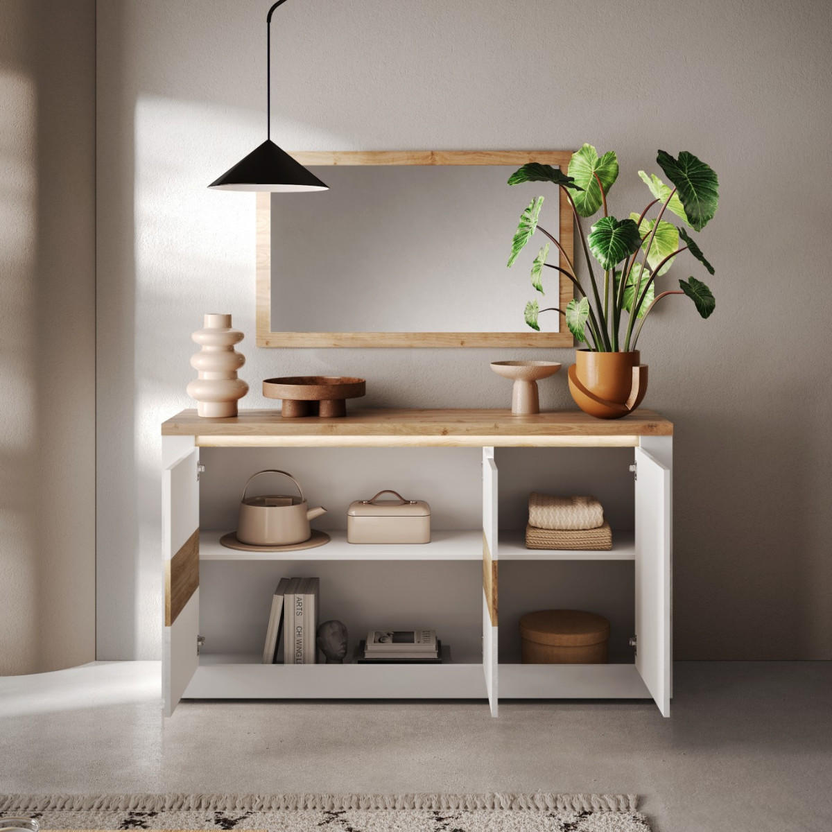 SIDEBOARD 3 Türen LED-Beleuchtung Eichendekor und Weiß 160/43/88 cm - Weiß, Holzwerkstoff (43/88/160cm) - Calicosy