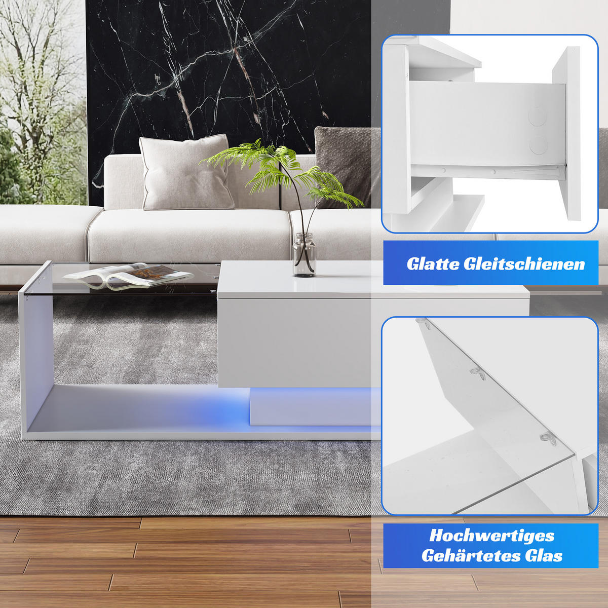 COUCHTISCH Hochglanz Glas-Design mit Schublade Weiß Hochglanz ohne Maßangabe MDF/Spanplatte - Weiß, Glas/Holzwerkstoff (100/50/32cm) - EVRYAE
