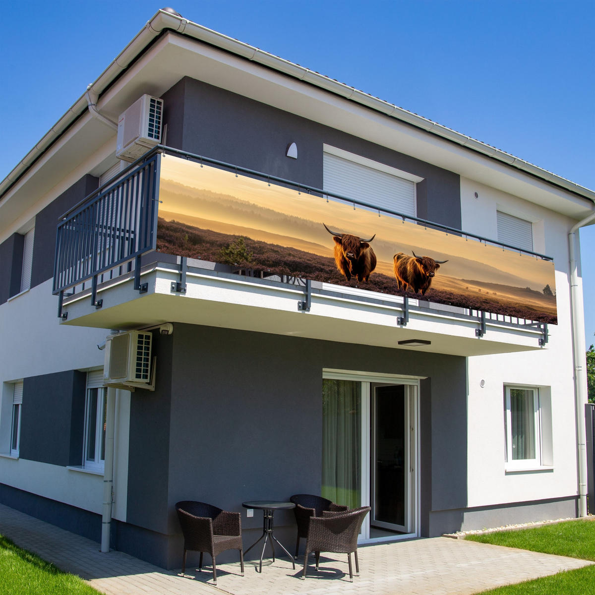 BALKON-SICHTSCHUTZ Schottische Hochlandbewohner - Heide - Landschaft - Tiere - Cognac, Kunststoff (500/95cm) - MuchoWow