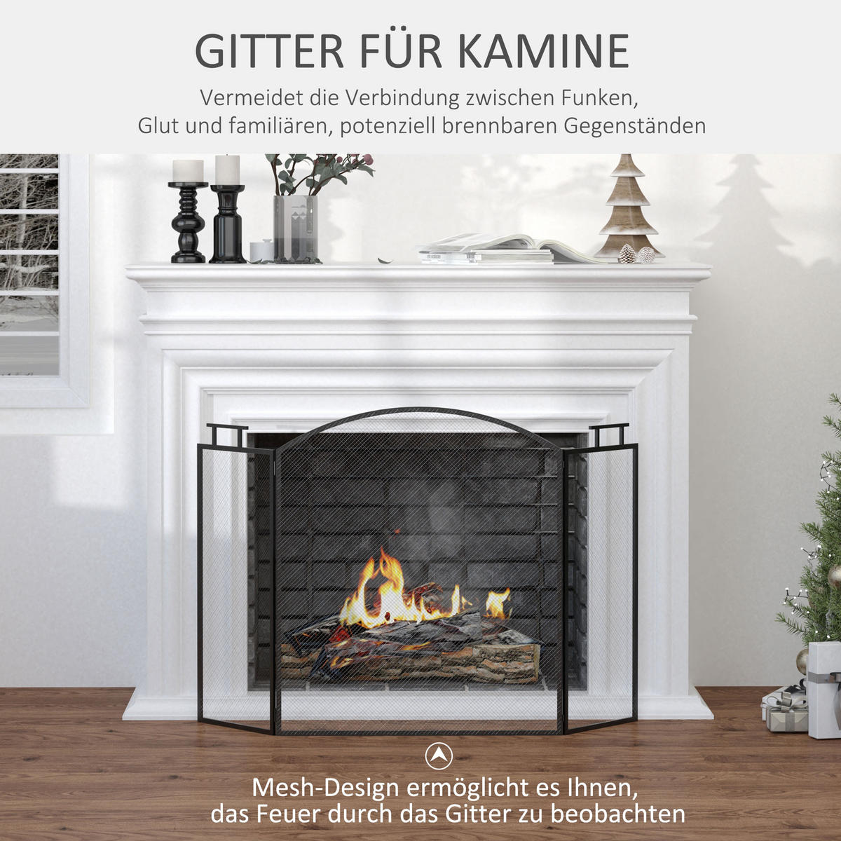 KAMINSCHUTZGITTER Funkenschutzgitter mit Netz zusammengefaltet Metall Schwarz - Schwarz, Metall (2/76.5/128cm) - HOMCOM