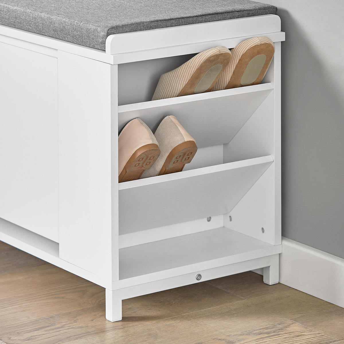 SCHUHBANK Weiß - Hellgrau/Weiß, Holzwerkstoff/Metall (82/53/35cm) - SoBuy