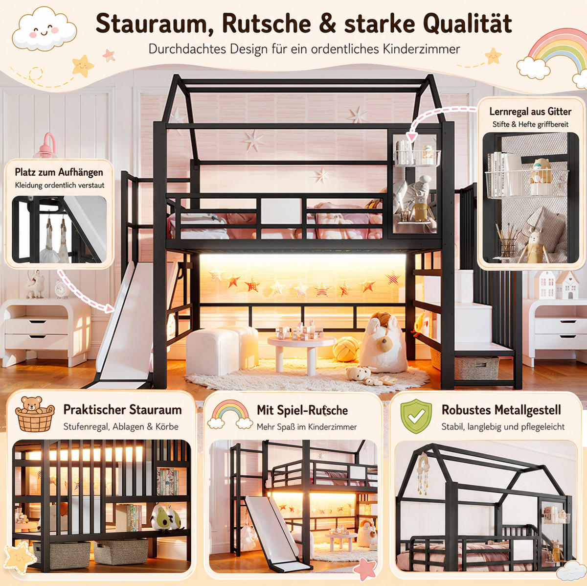KINDERHOCHBETT MDF & Metall 140x200 cm Schwarz mit Rutsche, Treppe, Stauraumfächern und LED-Beleuchtung - Schwarz, Holzwerkstoff (140/200cm) - Modfu
