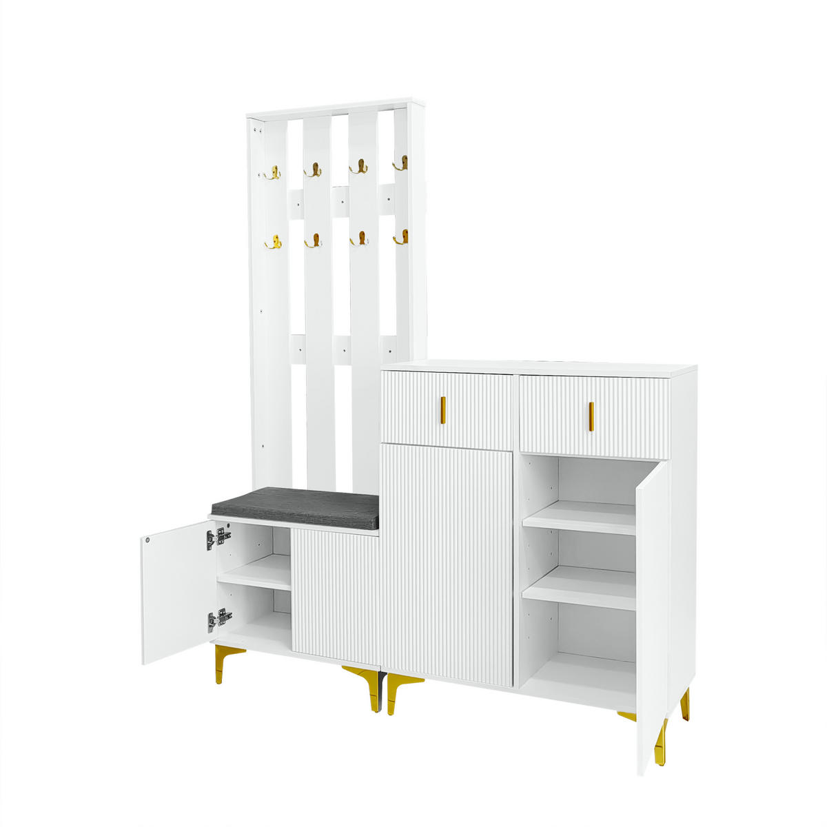 GARDEROBE Set Schuhbank Kissen Haken Schuhschrank Schubladen - Weiß, Holzwerkstoff (35.2/180.5/143.5cm) - FLIEKS