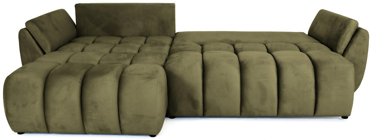 ECKSOFA Iris mit Schlaffunktion und Bettkasten, links oder rechts montierbar – Olivgrün Samt 280/184/85 cm - Schwarz/Olivgrün, Kunststoff/Textil (280/184cm) - WFL GROUP
