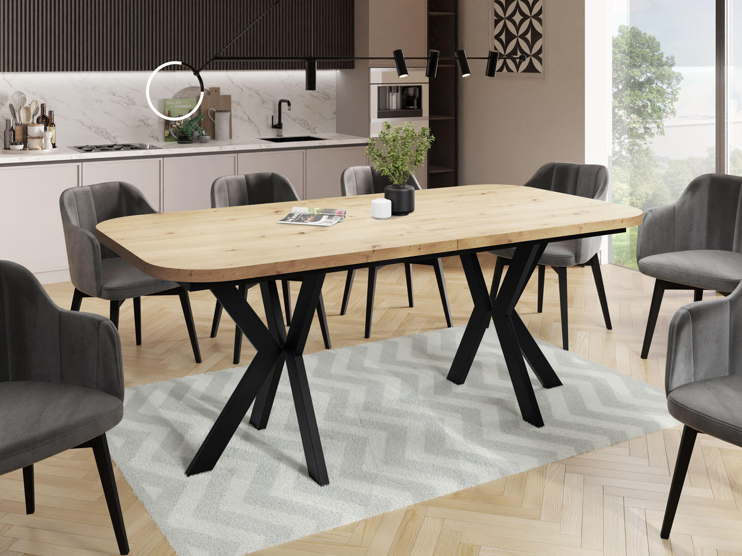 ESSTISCH Olivia ausziehbar rechteckig, Artisan Eiche 200-280/100/76 - Schwarz/Eiche Artisan, Holzwerkstoff/Metall (200/100/76cm) - WFL GROUP
