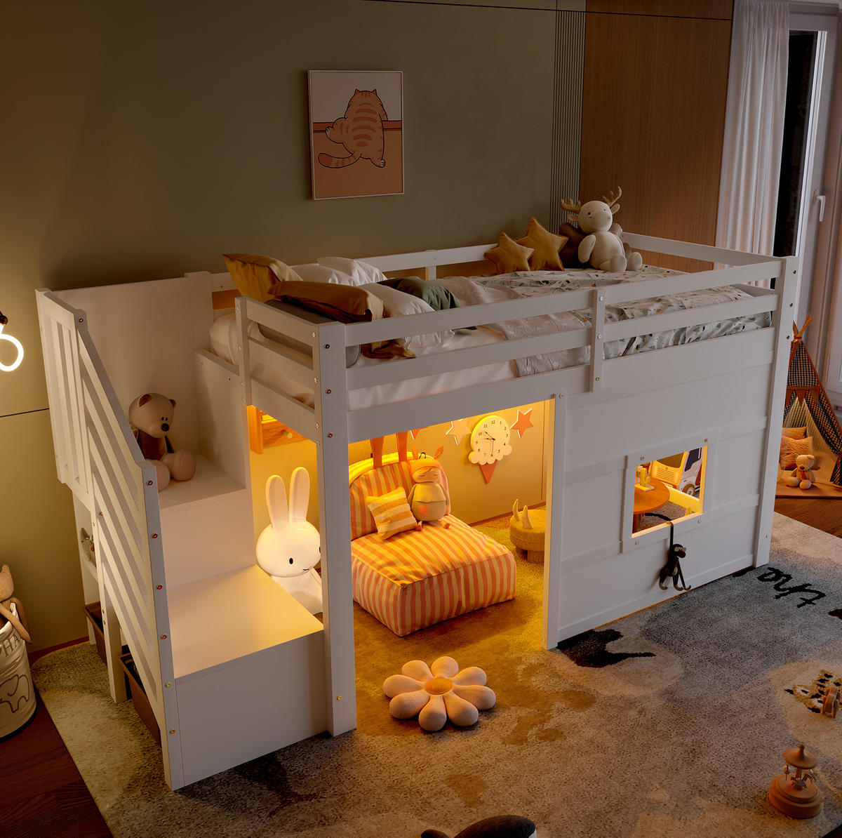 HOCHBETT mit Stauraumtreppe und LED 90x200 cm Weiß - Weiß, Holzwerkstoff (90/200cm) - Beauniv