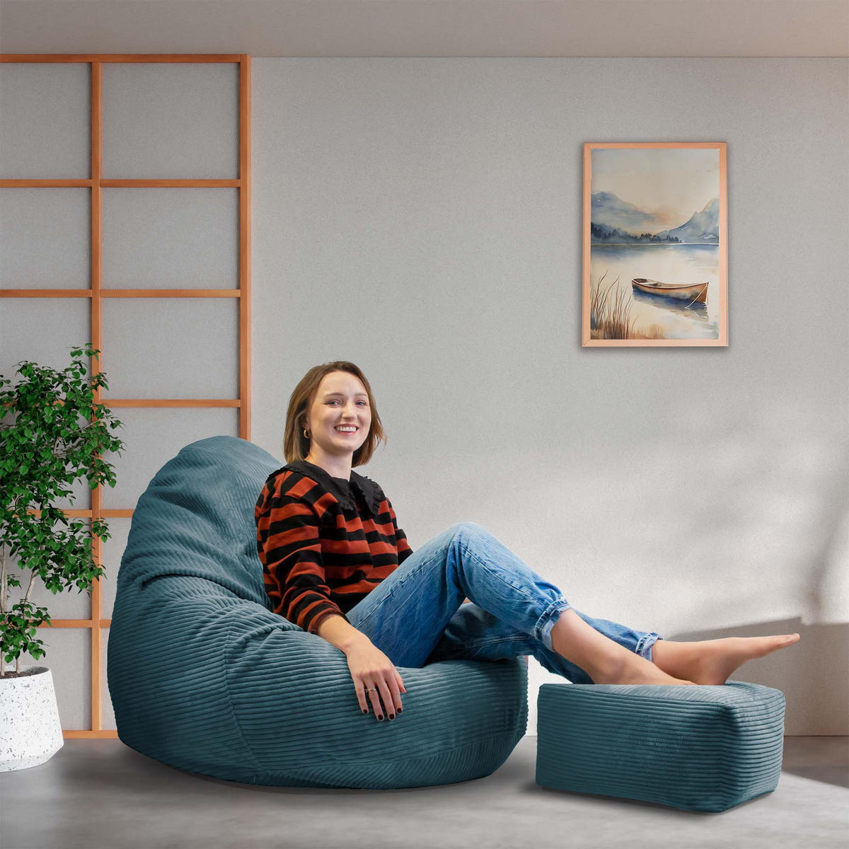 SITZSACK PARADISE MIT FUßSTÜTZE Kordsamt 2-tlg Ocean Depths M - Blau/Dunkelblau, Textil (90/100/90cm) - Dreamroots