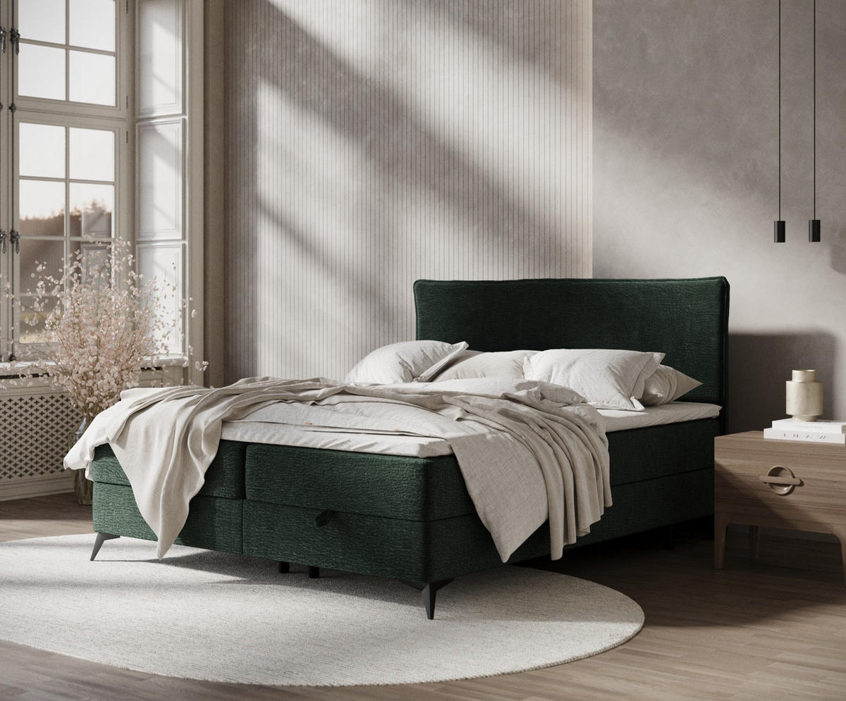 BOXBETT Peru Dunkelgrün 120/200 cm im Chenille-Stoff - Dunkelgrün/Schwarz, Holz/Holzwerkstoff (140/200cm) - Maison de Reve