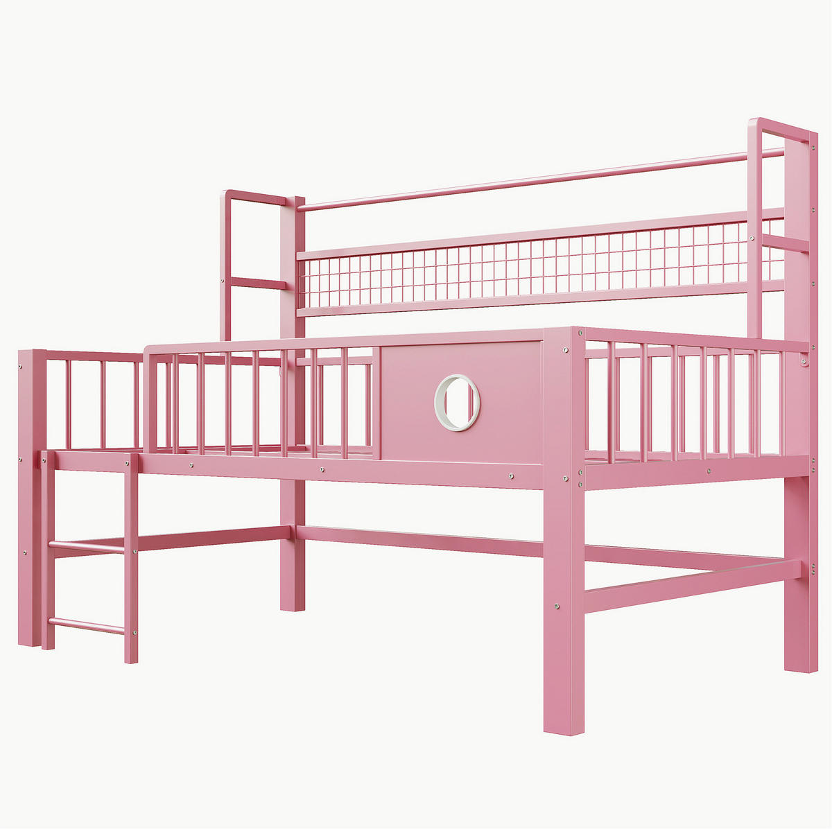 KINDEREINZELBETTEN aus Metall 90x200 cm in Rosa mit Sicherheitsgitter & Stauraum - Rosa, Metall (90/200cm) - Modfu