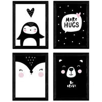 POSTER Set mit 4 „Pinguino, Fuchs und Bär umarmt“ Tiere A3 Schwarzer Rahmen - Schwarz, Papier (29.7/3cm) - Nacnic