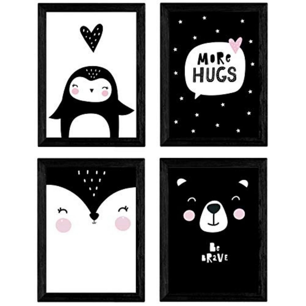 POSTER Set mit 4 „Pinguino, Fuchs und Bär umarmt“ Tiere A3 Schwarzer Rahmen - Schwarz, Papier (29.7/3cm) - Nacnic