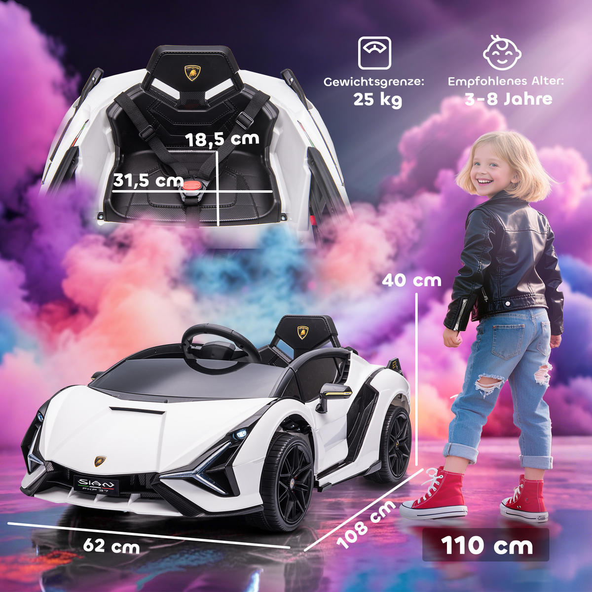 KINDER-ELEKTROAUTO DE-06093 Lamborghini lizenziert mit 2,4G Fernbedienung Weiß - Weiß, Kunststoff/Metall (108/62/40cm) - ComfortXL