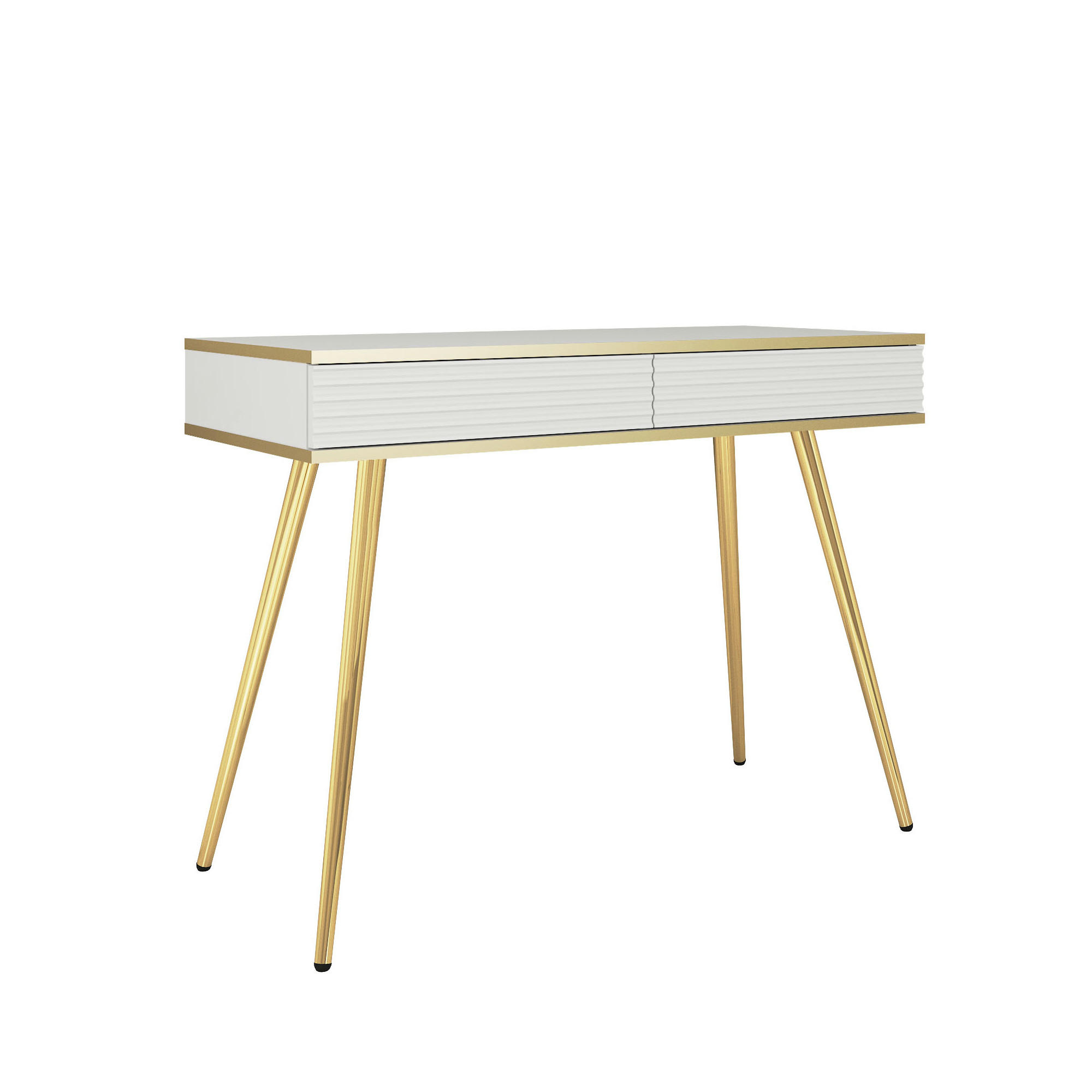 SCHMINKTISCH BANFF TOA2-2S Goldene Metallbeine, geriffelte Fronten, Weiß - Weiß, Holzwerkstoff/Kunststoff (102/80/50cm) - Komodee