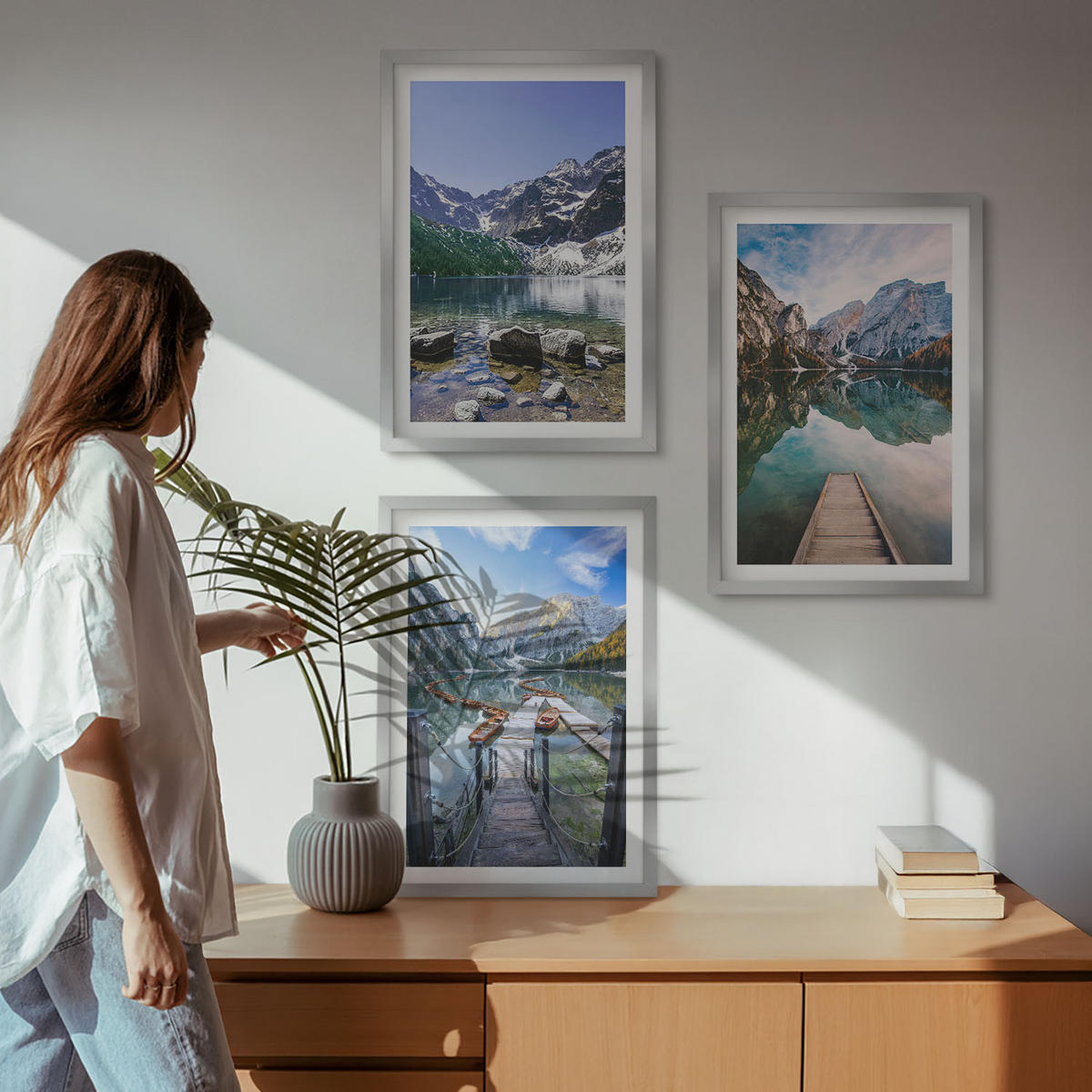 WANDBILDER 3er Set - 40x60 cm Silberner Rahmen - Berge, Seen, Holzstege - Silberfarben, Kunststoff (40/60cm) - ArtPrintCave