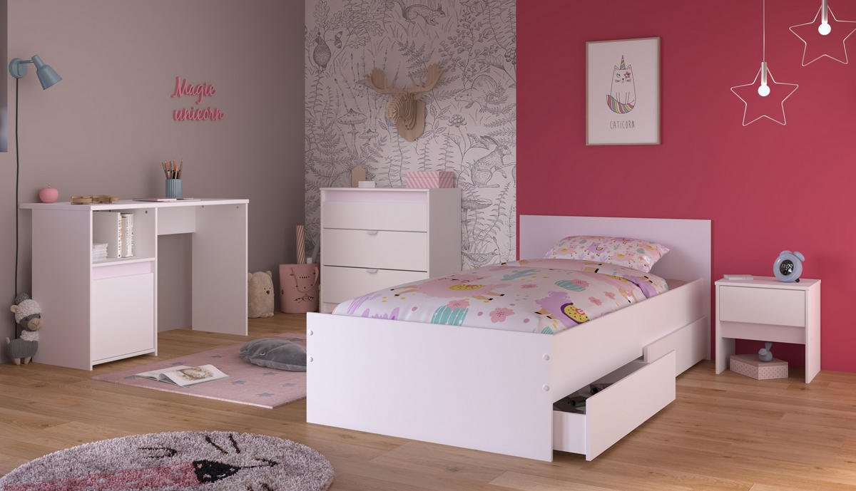 JUGENDZIMMER Pirouette 25 in Weiß mit Rosa oder Kieselgrau 5 teilig - Weiß, Holzwerkstoff (120/200/80cm)