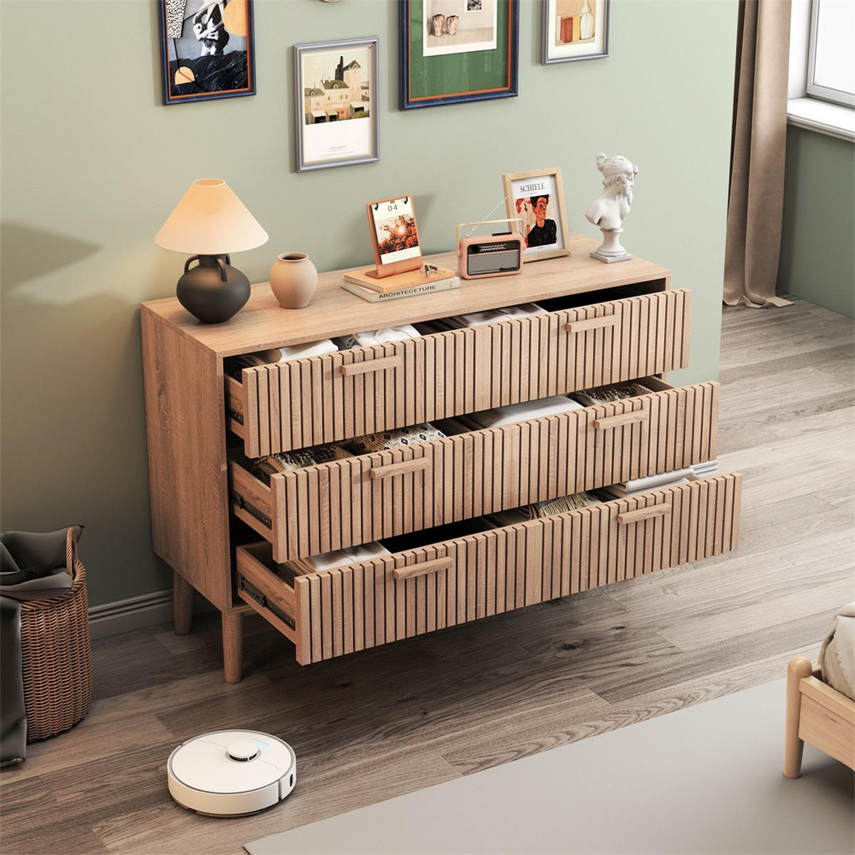 KOMMODE mit 6 Schubladen - gerillte Fronten und konische Beine - für Wohnzimmer und Schlafzimmer - Eichefarben, Holzwerkstoff (100/73/34cm) - DELFA