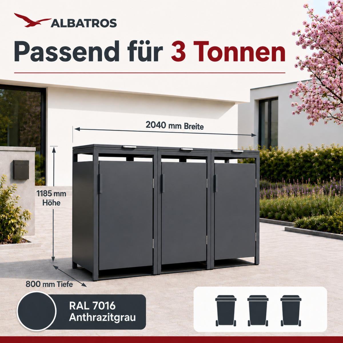 MÜLLTONNENBOX für Hauswände 3er, MTW3 - Anthrazit, Metall (204/118/80cm) - Albatros
