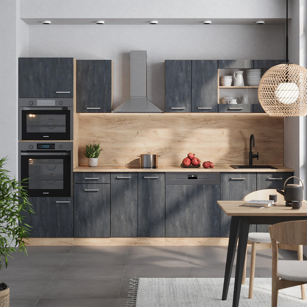 KÜCHENZEILE R-Line Schwarz Beton/Goldkraft Eiche 300 cm AP Eiche - Eiche Wotan/Schwarz, Holzwerkstoff (300/81.6/60cm) - Vicco