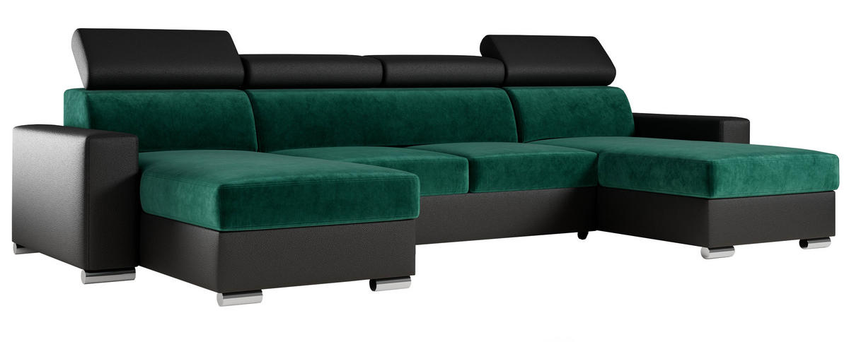 WOHNLANDSCHAFT FOX U Dunkelgrün/Schwarz - Velvet/Kunstleder - Dunkelgrün/Silberfarben, Kunststoff/Textil (306/98/168cm) - MKS