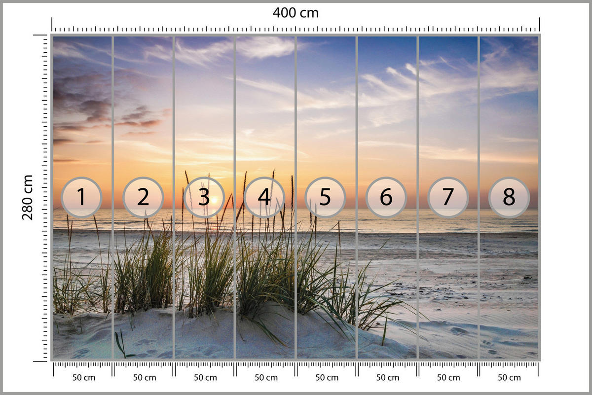 FOTOTAPETE für Schlafzimmer Landschaft Meer Strand Dünen Sonnenuntergang 400x280 - Beige/Violett, Papier (400/280cm) - Muralo