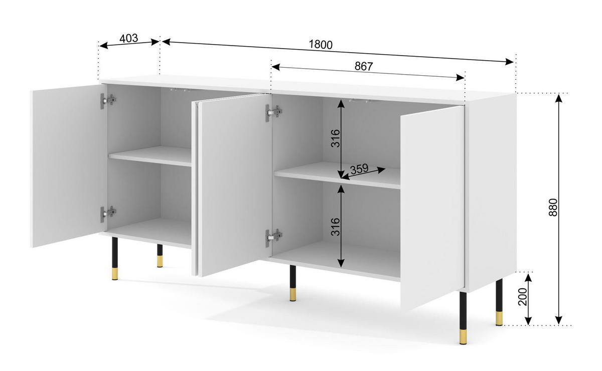 KOMMODE Schwarz, Walnuss, Gold 180/88/40 - Schwarz, Holzwerkstoff (180/88/40cm) - RAUMHIRSCH FURNITURE