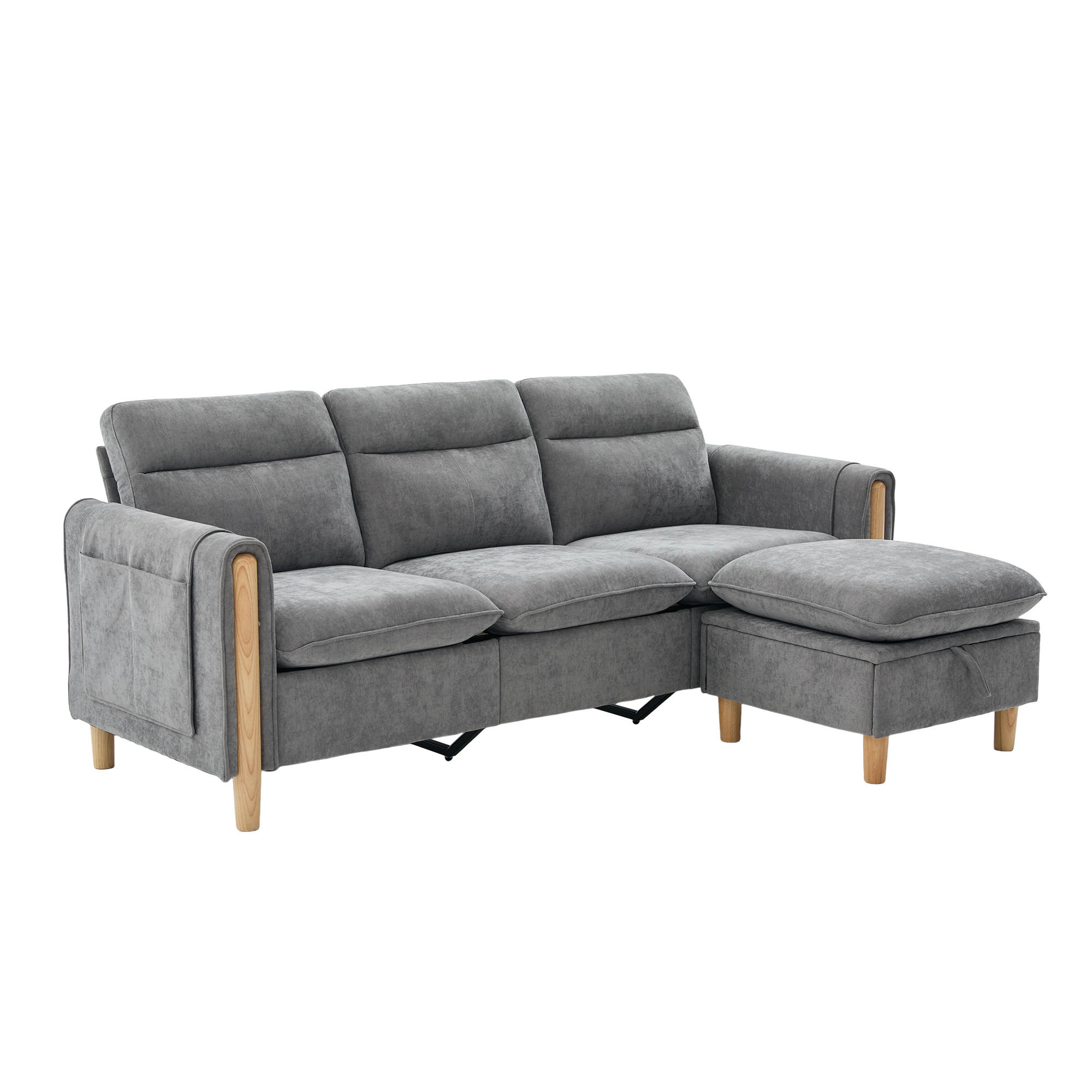 ECKSOFA DE-33940 mit Stauraumhocker und Seitentaschen Grau - Hellgrau, Holz (77/201cm) - ComfortXL