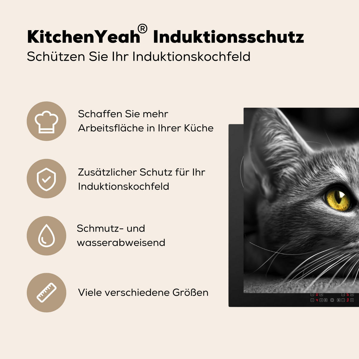 HERDABDECKPLATTE Katze - Grau - Tiere - Katze 57x51 cm - Grau, Kunststoff (57.6/0.2/51.6cm) - MuchoWow