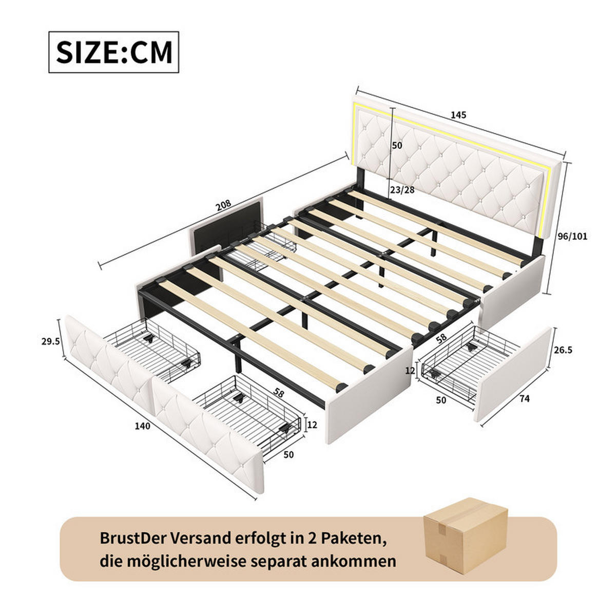 POLSTERBETT 140x200 cm, mit LED-Lichtleiste und 4 Schubladen, Lattenrost, PU, beige, ohne Matratze - Beige, Holz (140/200cm) - WoodenAura