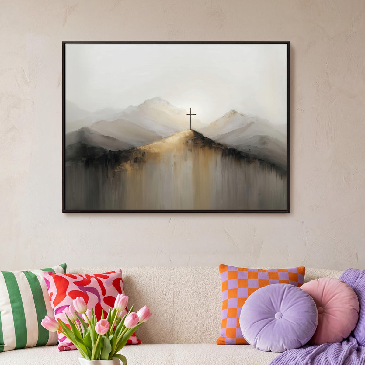 LEINWAND Bilder mit Rahmen - Hügel - Abstrakt - Kreuz - Christentum - 100x70 - Beige, Textil (100/70cm) - MuchoWow