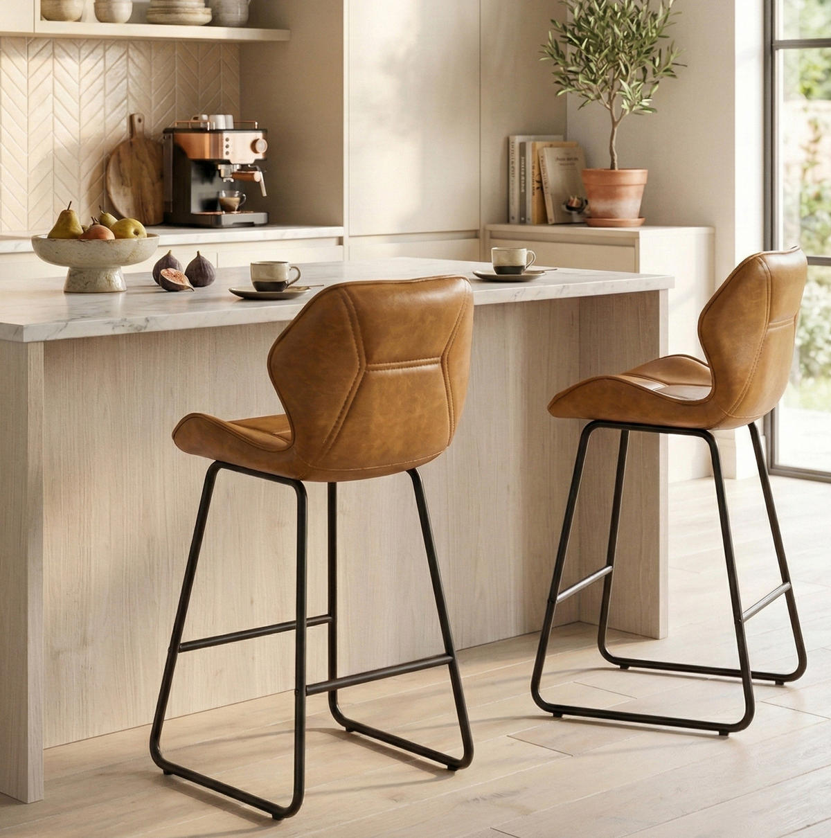 BARHOCKER 2er-Set Braun mit Rückenlehne und Fußstütze - Braun, Metall (47/91.5/48.5cm) - MIVRAY