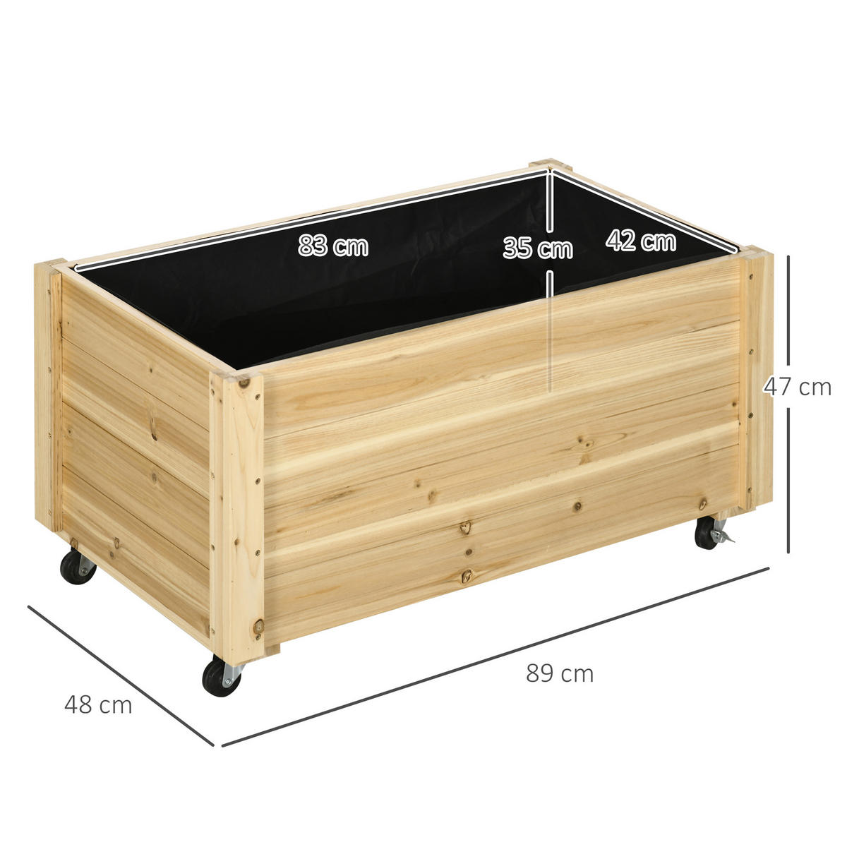 HOCHBEET auf Rollen DE-12132 89/48/47 cm mit Ablaufloch Natur - Naturfarben, Holz (89/47/48cm) - ComfortXL